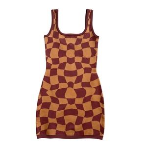 Bailey Rose Orange Burgundy Warped Checkerboard Knit Mini Dress Small